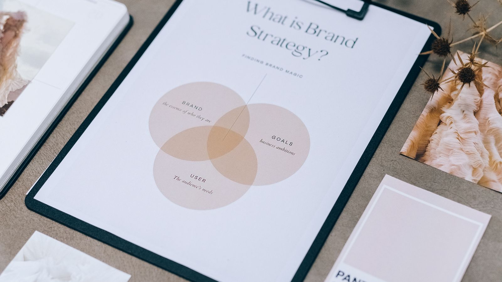 Schema di brand strategy con palette colori su scrivania