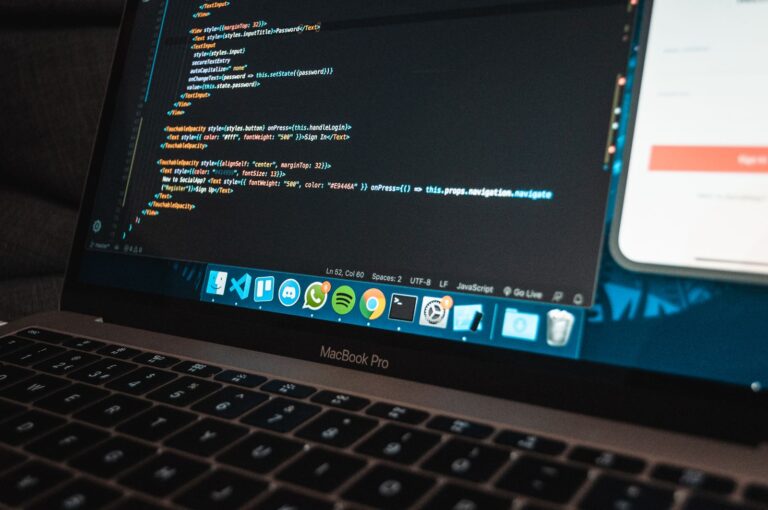 Schermo di laptop con codice di sviluppo software, MVP in costruzione
